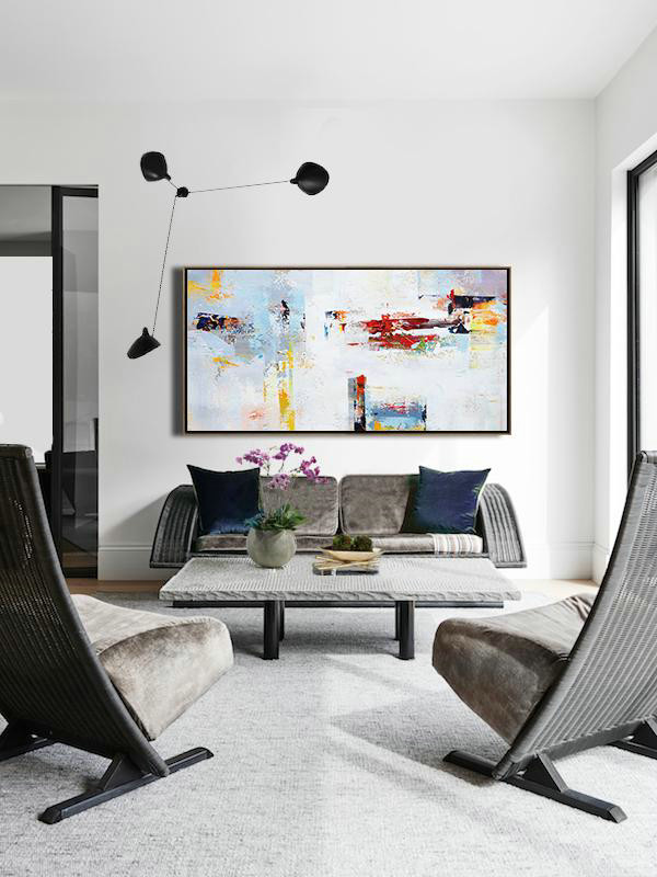Original Extra Large Wall Art,Horizontal Palette Knife Contemporary Art Panoramic Canvas Painting,Bedroom Wall Decor,Grey,White,Red,Yellow.etc